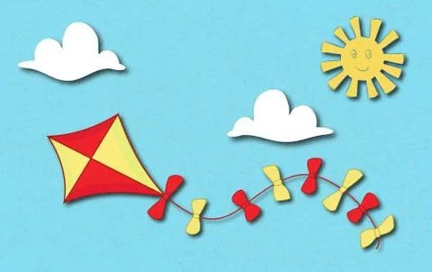 Colored kite flies on background of blue sky. Stock Illustration