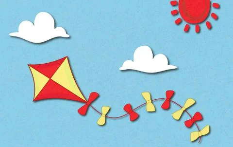 Colored kite flies on background of blue sky. 스톡 일러스트