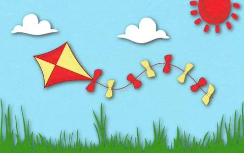 Colored kite flies on background of spring sunny meadow. Stock Illustration