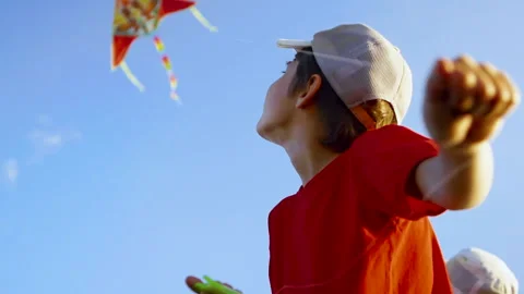 Colored Kite Soars in The Blue Sky. The Little Boy Controls a Kite On a Sunny Stock Footage 242073810