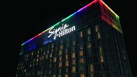 Colored led lights on facade of Signia by Hilton hotel in Atlanta. Night scene Stock Footage 313632986