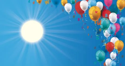 Colored Letters Balloons Header Sun Blue Sky Stock Illustration
