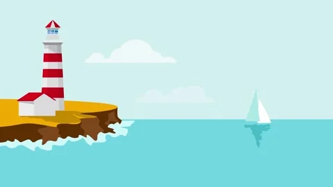 Colored Lighthouse on cliff, a sailboat sailing on the sea in summer. Anima.. Stock Footage 239321162