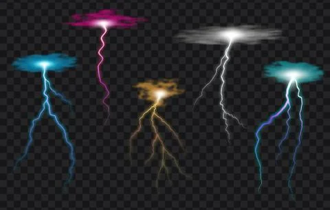 Colored lightning bolt vector set on transparent background. Electric discharges Stock Illustration