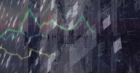 Colored line charts and alphanumeric data streaming through server rack Stock Illustration