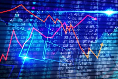 Colored line charts are showing trends on blue grid with tickers, arrows and Stock Photos