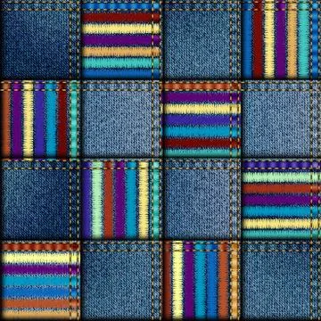 Colored lines on a jeans patchwork background. Stock Illustration