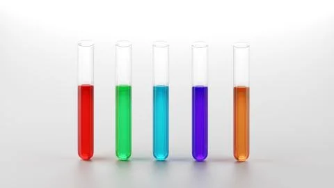 Colored liquids in five test tubes 3D rendering illustration Stock Illustration