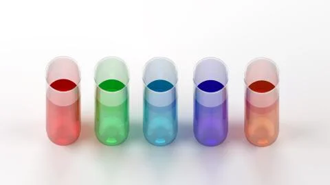 Colored liquids in five test tubes on top view 3D rendering illustration Stock Illustration