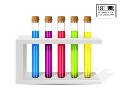Colored liquids in five test tubes isolated over white background. Realistic Stock Illustration