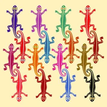 Colored lizards based on African ethnic motifs. Vector illustration. Stock Illustration