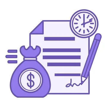 Colored Loan Icon. Vector Illustration. Signed Bank Agreement, Watch, and M.. Stock Illustration