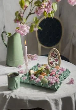 Colored macarons on the table against the background of blooming sakura and a Stock Photos