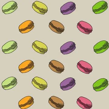 Colored macaroon cookies on a light brown background, hand-drawn, vector Illustrazione stock