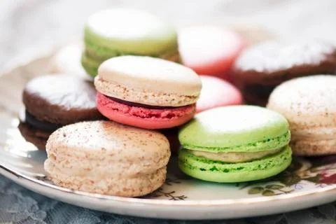 Colored Macaroons on a Platter Stock Photos