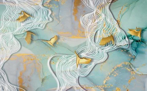 Colored marble background, white waves, golden abstract birds Stock Illustration