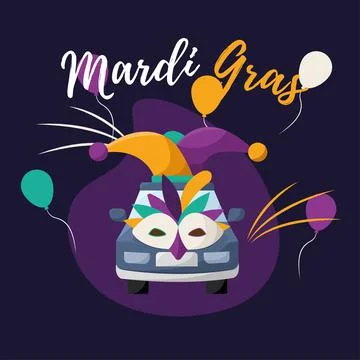 Colored mardi gras template Isolated car with jester hat and mask Vector Stockillustratie