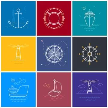 Colored Maritime Elements in Line Style Stock Illustration