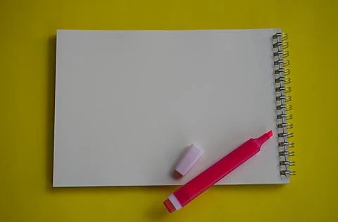 Colored markers and blank notebooks. Space for text. Background for writing Stock Photos