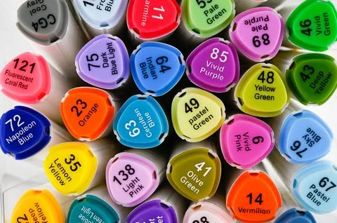 Colored Markers Pen Set for Draw Sketching Art Supplies. Top view. Stock Photos