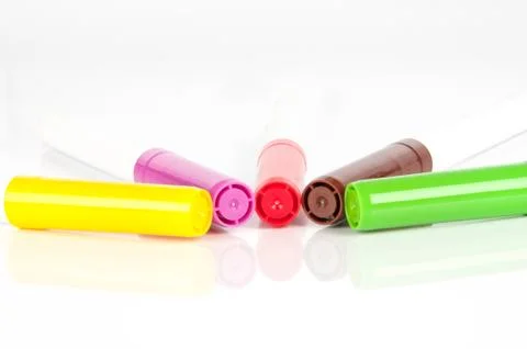 Colored markers on white background Stock Photos