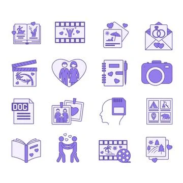 Colored Memory Love Icons. Vector Illustrations: Book Story, Reels Media, P.. Stock Illustration