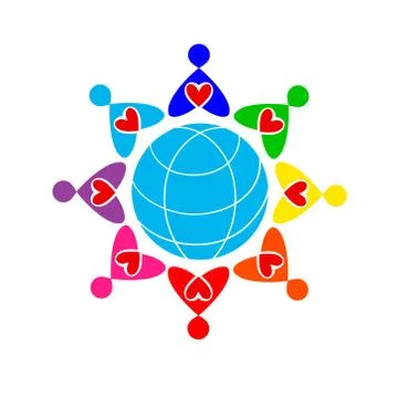 Colored men with hearts around globe. Globe, people, icon vector illustration Illustrazione stock