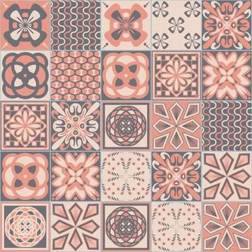 Colored Mexican ceramic tile, pink gray beige pastel color, Azulejo mosaic ti Stock Illustration