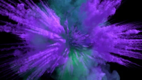 Colored middle size smoke explosion with trails, explodes on camera. Video stock 79074177