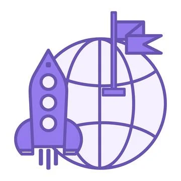 Colored Mission Icon. Vector Icon of Planet, Flag, and Rocket Taking Off. M.. Stock Illustration