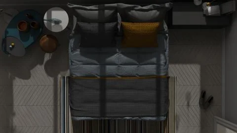 Colored modern bedroom top view, herringbone parquet floor, night scene archi Stock Illustration