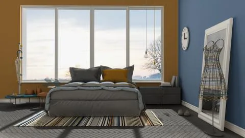 Colored modern blue and orange bedroom with big panoramic window, sunset, sun Stock Illustration
