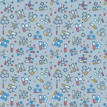 Colored Molecules and Test Tubes Seamless background. Science Pattern Illustrazione stock