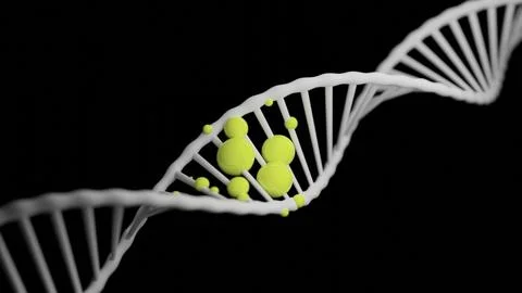 Colored molecules on dna. Design. 3D animation of dna chain with moving Stock Illustration