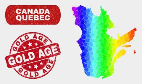 Colored Mosaic Quebec Province Map and Scratched Gold Age Stamp Stock Illustration
