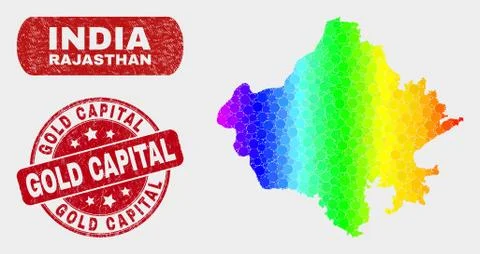Colored Mosaic Rajasthan State Map and Distress Gold Capital Seal 스톡 일러스트