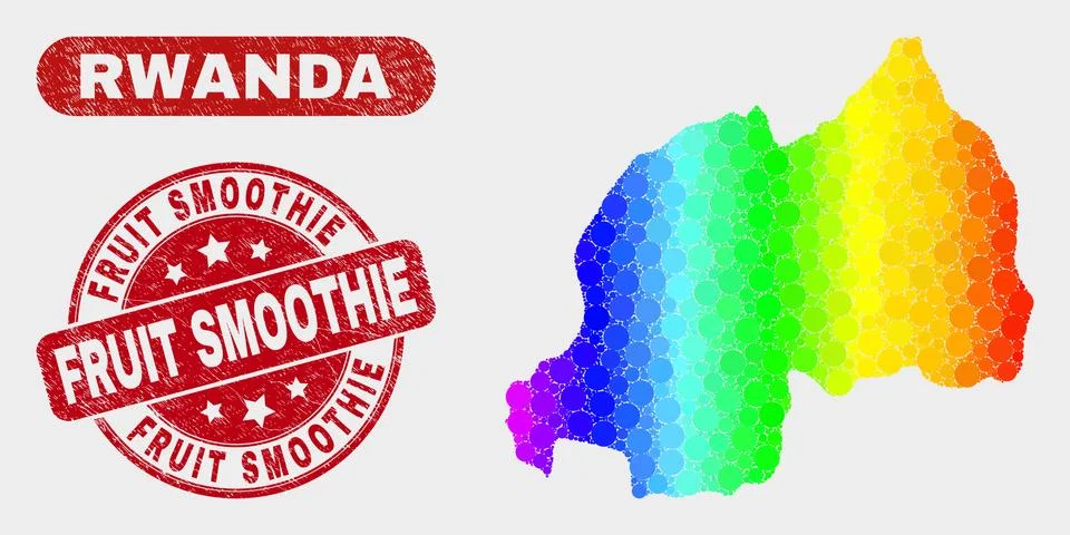 Colored Mosaic Rwanda Map and Scratched Fruit Smoothie Stamp 스톡 일러스트