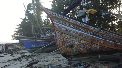 Colored multicolored old beautiful ships on the Vessel beach in Thailand Stock Footage 106300623