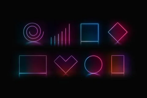 Colored neon glowing frame stand in darkness, different types Stock Illustration