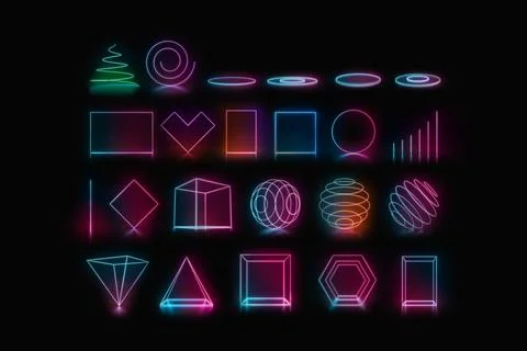 Colored neon illuminated frame stand in darkness, different types Stock Illustration