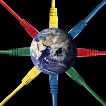 Colored Network Cables connected to the Earth Globe Stock Photos