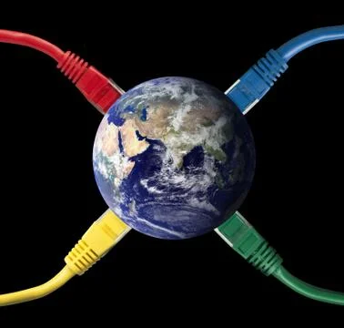Colored Network Cables connected to the Earth Globe Stock Photos