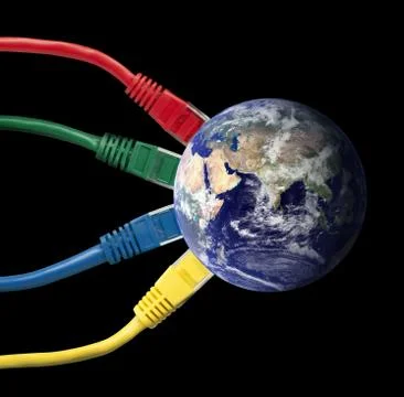 Colored Network Cables wired to the Earth Globe Foto stock