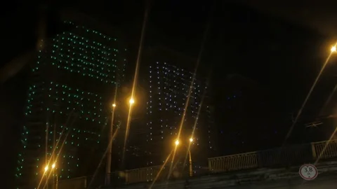 Colored Night Illumination Of Buildings Stock Footage 138037409