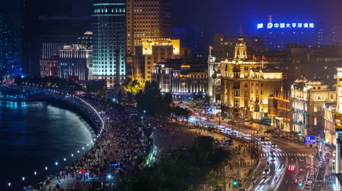 Colored night light walking bay 4k time lapse from shanghai city roof Stock Footage 46557037