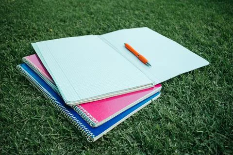 Colored notebooks open on the grass Stock Photos