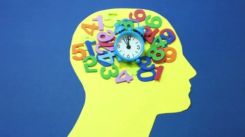 Colored numbers and alarm clock on male head contour Stock Footage 86356930