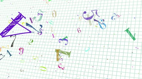 Colored numbers fly chaotically on a white school background in a cell. Looped Video stock 280987901