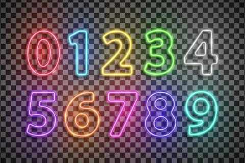 Colored numbers font made with led neon tube isolated on transparent background. Stock Illustration