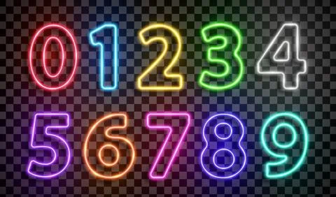 Colored numbers font made with led neon tube isolated on transparent background. Stock Illustration